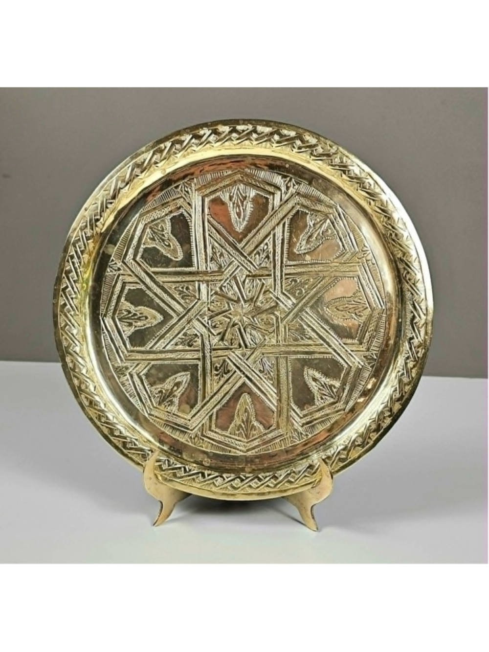 Vintage Moroccan Brass Tray 9.5" Hand Etched Geometric Star Wall Hanging Plate